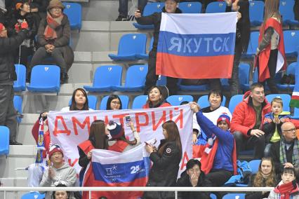 Южная Корея, Каннын. Болельщики во время выступления олимпийских спортсменов в произвольной программе танцевальных пар на соревнованиях по фигурному катанию на XXIII зимних Олимпийских играх.