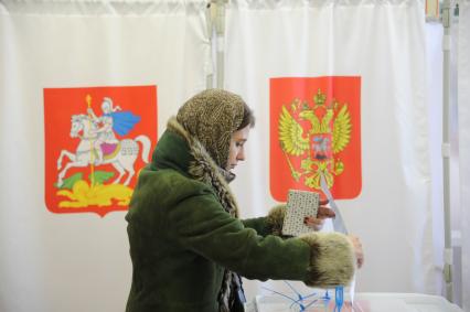 Московская область. Девушка во время голосования на выборах президента РФ на избирательном участке.
