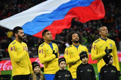 Москва. Игроки сборной Бразилии перед началом товарищеского матча по футболу между сборными командами России и Бразилии.