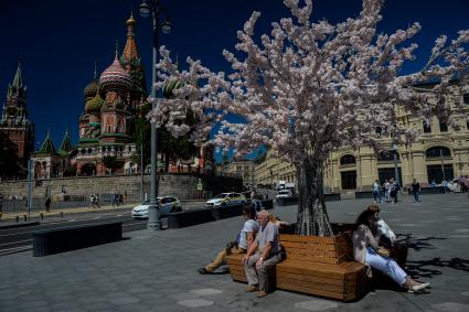 Москва.   Горожане отдыхают на скамейке на улице Варварка.