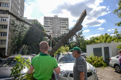 Москва. Мужчина убирает поваленное ураганом дерево в Петровско-Разумовском проезде.