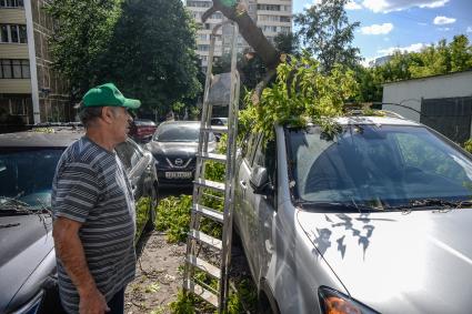 Москва. Мужчина убирает поваленное ураганом дерево в Петровско-Разумовском проезде.