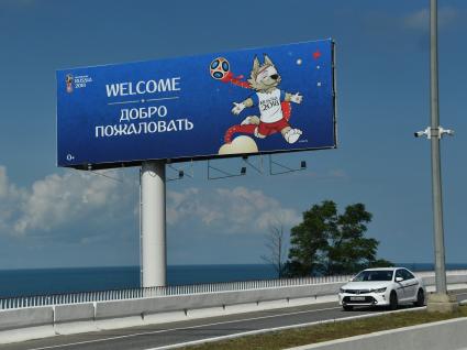 Сочи. Баннер с изображением официального талисмана чемпионата мира по футболу 2018 волка Забиваки.