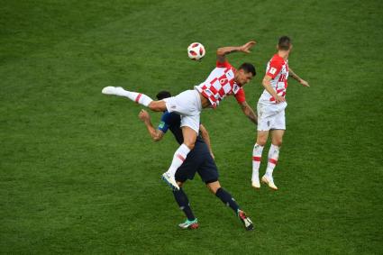 Москва. Игроки сборной Хорватии Деян Ловрен # 6    в финальном матче чемпионата мира по футболу - 2018 между сборными командами Франции и Хорватии.