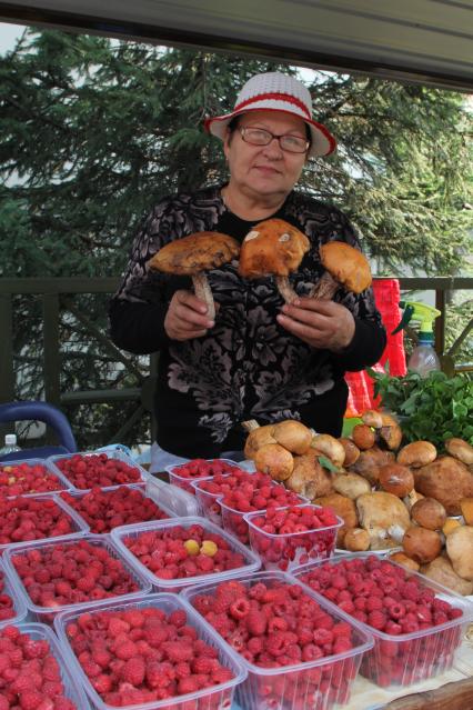 Иркутск.  Женщина продает малину и грибы на рынке.