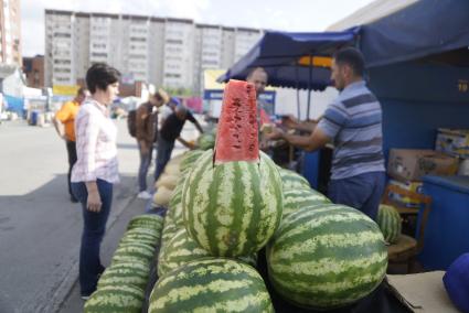 Екатеринбург. Продажа арбузов на рынке