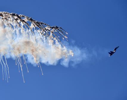 Московская область. Истребитель Су-30 СМ во время выступления перед началом финальной эстафеты международного конкурса `Танковый биатлон` в рамках Армейских международных игр - 2018 на полигоне Алабино.