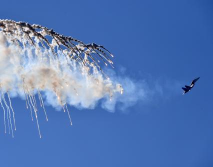 Московская область. Истребитель Су-30 СМ  во время выступления перед началом финальной эстафеты международного конкурса `Танковый биатлон` в рамках Армейских международных игр - 2018 на полигоне Алабино.