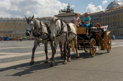 Санкт-Петербург.   Катание туристов в карете  на Дворцовой площади.