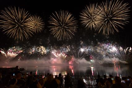 Москва. Международный фестиваль фейерверков `Ростех` в Братеевском каскадном парке.