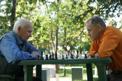 Новосибирск.   Пенсионеры играют в шахматы.