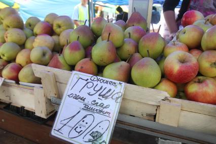 Иркутск.  Прилавок с грушами и яблоками на рынке.