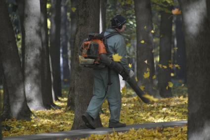 Тула. Сотрудник коммунальных служб раздувает опавшие листья в парке.