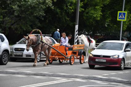 Москва.  Конная повозка на одной из улиц города.