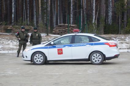 Екатеринбург. Свердловский полигон. Автомобиль ВАИ (Военная автоинспекция) во время совместных учений миротворческих сил \'Нерушимое братство – 2018\'  государств-членов ОДКБ (Организация Договора о коллективной безопасности)