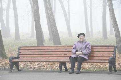 Тула.  Пожилая женщина сидит на скамейке в парке  во время тумана.