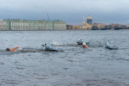 Санкт-Петербург.  На пляже Петропавловской крепости петербургские моржи устроили заплыв по Неве, отметив День Дельфинов.