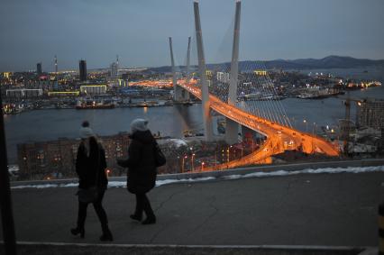 Владивосток.  Вид на Вантовый мост через бухту Золотой Рог.