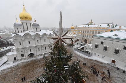 Москва.  Украшенная новогодняя елка на Соборной площади Московского Кремля.