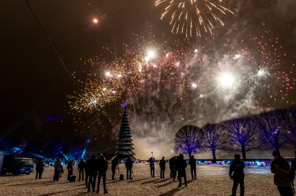 Санкт-Петербург. Парад фейерверков во время проведения фестиваля огня `Рождественская звезда` на стрелке Васильевского острова.