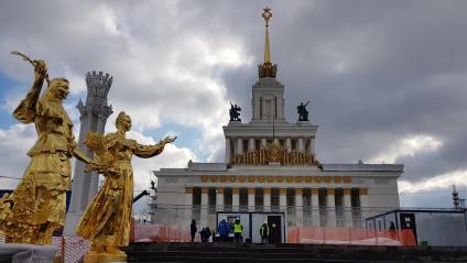 Москва. На ВДНХ после реставрации  установили первые две бронзовые скульптуры Россия и Беларусь фонтана `Дружба народов`.