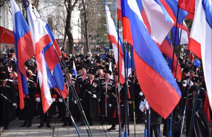 Крым, Симферополь.  Казаки во время мероприятий посвященных 5-й годовщине Общекрымского референдума 2014 года и воссоединения Крыма с Россией.