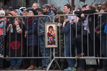 Крым, Симферополь. Во время праздничного мероприятия, посвященного пятой годовщины проведения Общекрымского референдума и воссоединения Крыма с Россией, после окончания автопробега на горе Гасфорта.