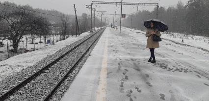 Московская область. Девушка ждет электричку на перроне во время снегопада.