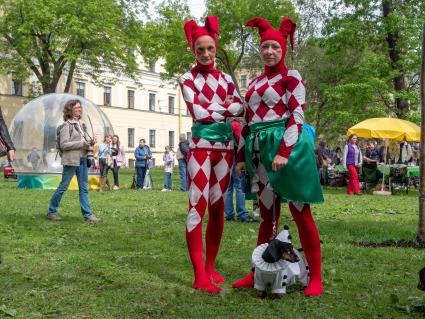 Санкт-Петербург. Собака породы такса на параде `Такс Парад`, посвященном Году театра, на Васильевском острове в саду Академии Художеств.