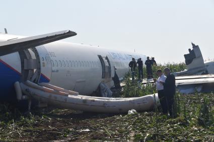 Московская область.  Самолет Airbus A321 авиакомпании `Уральские авиалинии`, который совершил аварийную посадку в районе аэропорта Жуковский после возгорания двигателя при взлете.