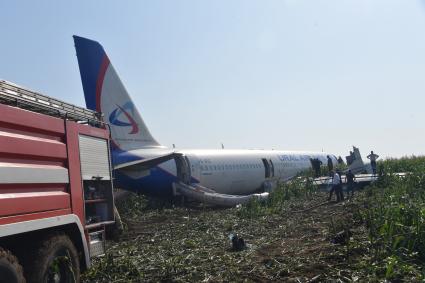 Московская область.  Самолет Airbus A321 авиакомпании `Уральские авиалинии`, который совершил аварийную посадку в районе аэропорта Жуковский после возгорания двигателя при взлете.