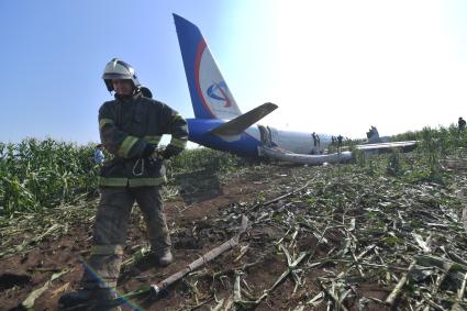 Московская область. Самолет Airbus A321 авиакомпании `Уральские авиалинии`, который совершил аварийную посадку в районе аэропорта Жуковский после возгорания двигателя при взлете.
