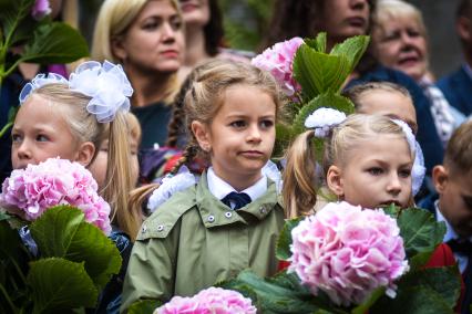 Новосибирск.  Ученики на торжественной линейке, посвященной Дню знаний.