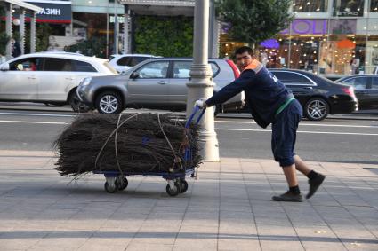 Москва.  Сотрудник коммунальных служб везет веники на тележке.