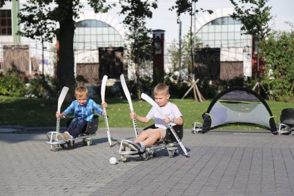 Диск350. Сад ЭРМИТАЖ. Фестиваль ГАЛАФЕСТ - 2019. На снимке: дети пробуют играть в следж-хоккей на земле