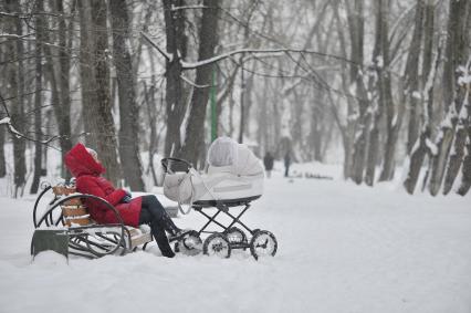 Екатеринбург. Женщина с детской коляской в парке во время снегопада