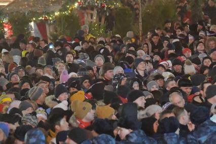 Москва.  Горожане во время Новогодних гуляний на Манежной площади.