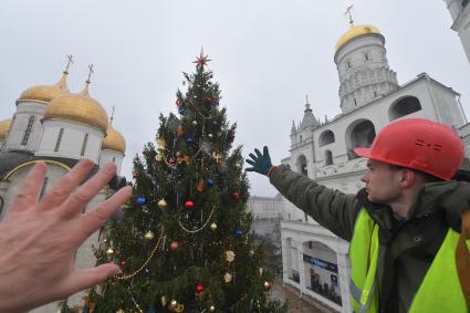 Москва.  Сотрудник коммунальных служб украшает новогоднюю  елку Московского Кремля.