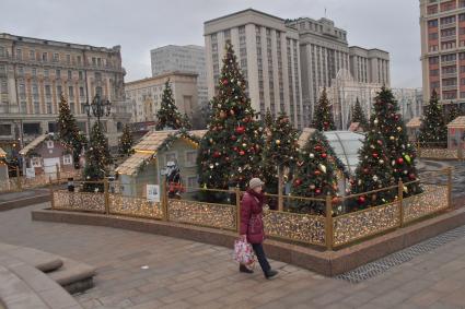 Москва.  Новогодние елки во время фестиваля `Путешествие в Рождество` на Манежной площади.