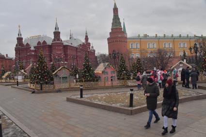 Москва.  Новогодние елки во время фестиваля `Путешествие в Рождество` на Манежной площади.