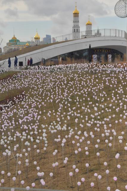 Москва. Вид на колокольню Ивана Великого московского Кремля  и шары в парке  Зарядье.