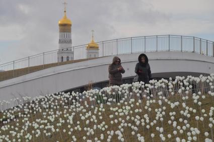 Москва. Вид на колокольню Ивана Великого московского Кремля  и шары в парке  Зарядье.