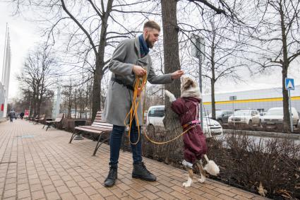 Москва. Молодой человек выгуливает собаку.