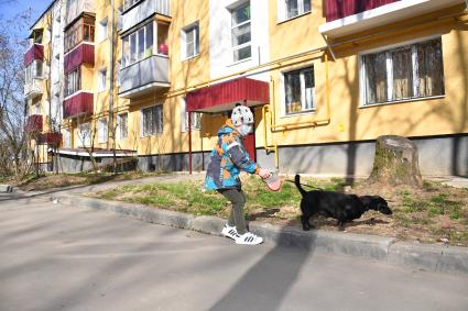 Москва.   Мальчик в медицинской маске гуляет с собакой во дворе.