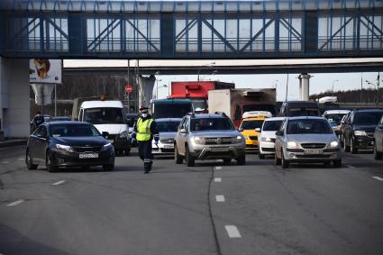 Москва. Сотрудник дорожно-патрульной службы ГИБДД во время проверки электронного пропуска у водителя на блокпосту при въезде в Москву.