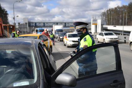 Москва. Сотрудник дорожно-патрульной службы ГИБДД во время проверки электронного пропуска у водителя на блокпосту при въезде в Москву.