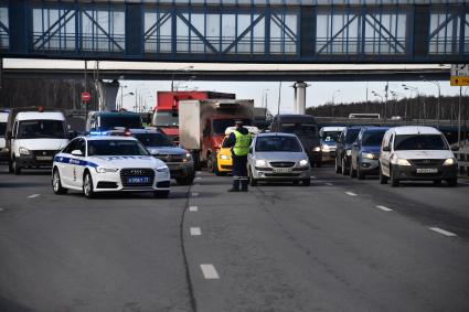 Москва. Сотрудник дорожно-патрульной службы ГИБДД во время проверки электронного пропуска у водителя на блокпосту при въезде в Москву.