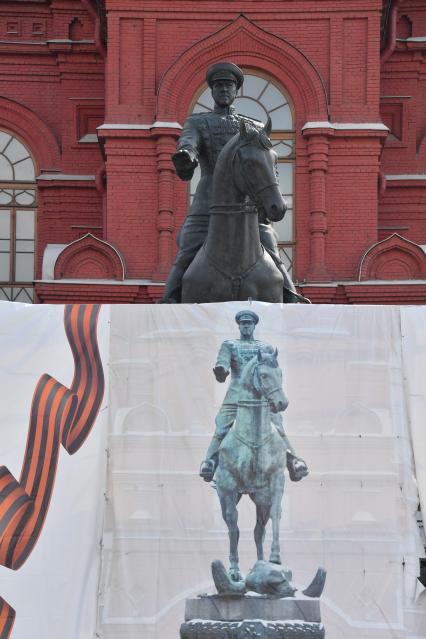 Москва. Отреставрированный  памятник маршалу Георгию Жукову на Манежной площади.