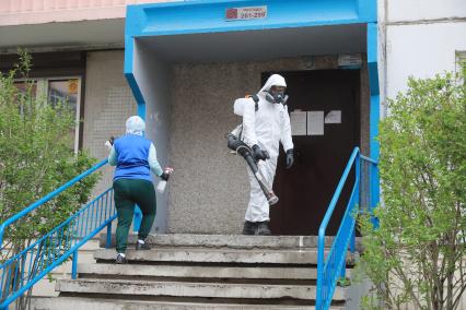 Красноярск. Сотрудник коммунальных служб проводит дезинфекцию подъездов жилых домов.