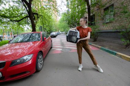 Москва. Девушка гуляет с кошкой в переноске.